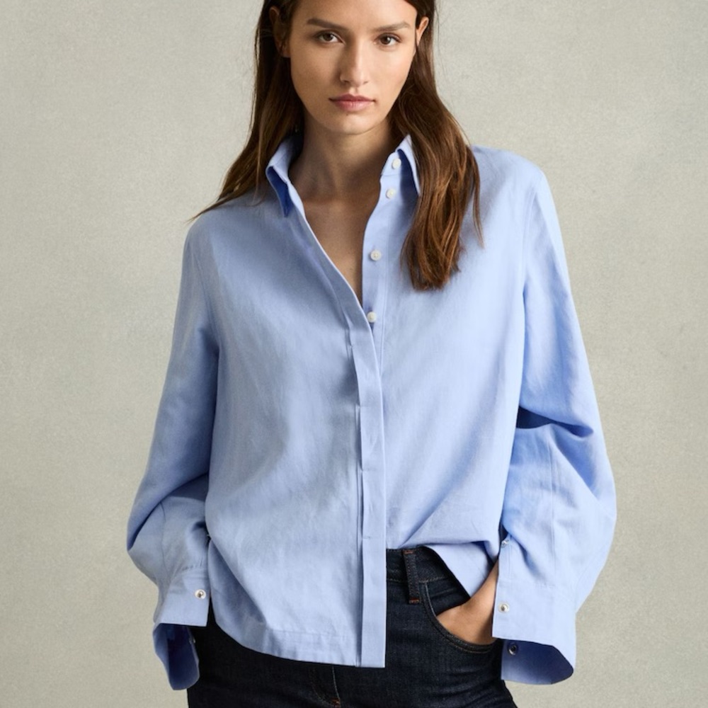 REISS Ali Lyocell Blend Press Stud Back Shirt Blue Snap Sleeve Blouse Size 8-10